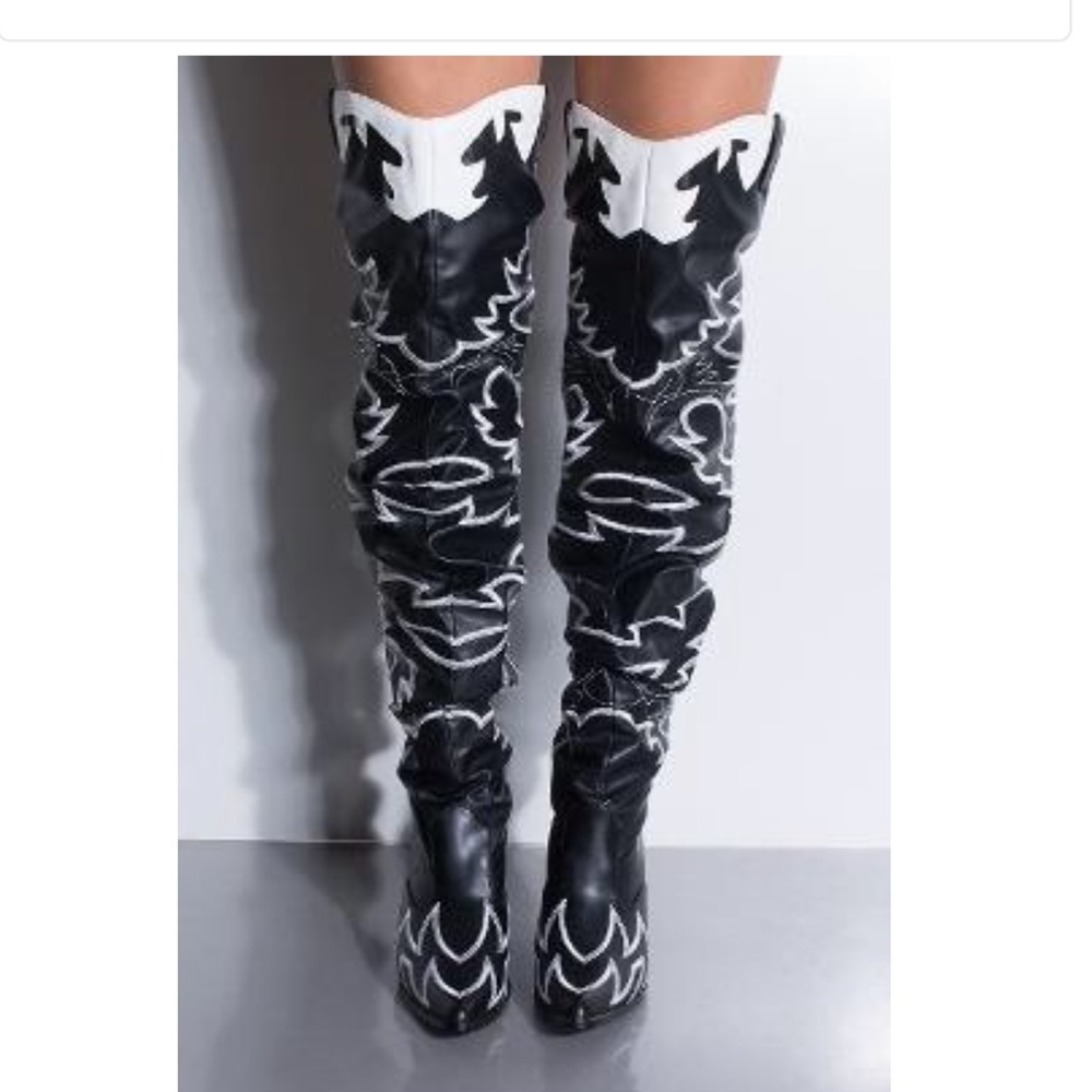 Women's Black & White Embroidered Over-the-Knee Western Boots - Picture 7 of 7